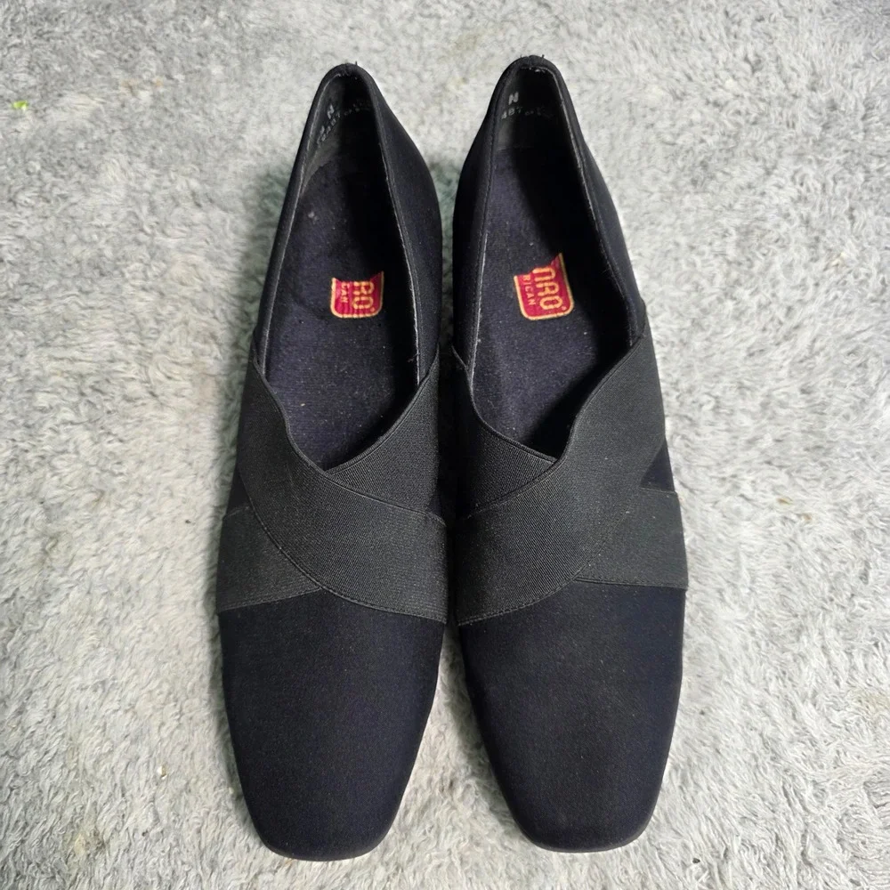 Munro American Walking Wedge Black Elastic Strap Square Toe Women 7.5N Excellent